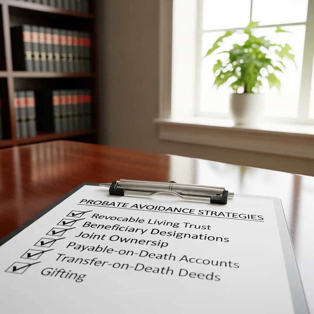 Checklist of probate avoidance strategies including revocable living trust and beneficiary designations, emphasizing proactive estate planning