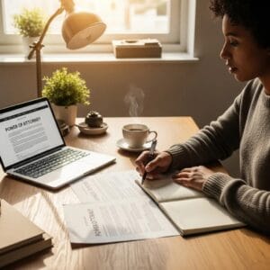 Cozy workspace with power of attorney documents, coffee, and laptop, symbolizing legal empowerment