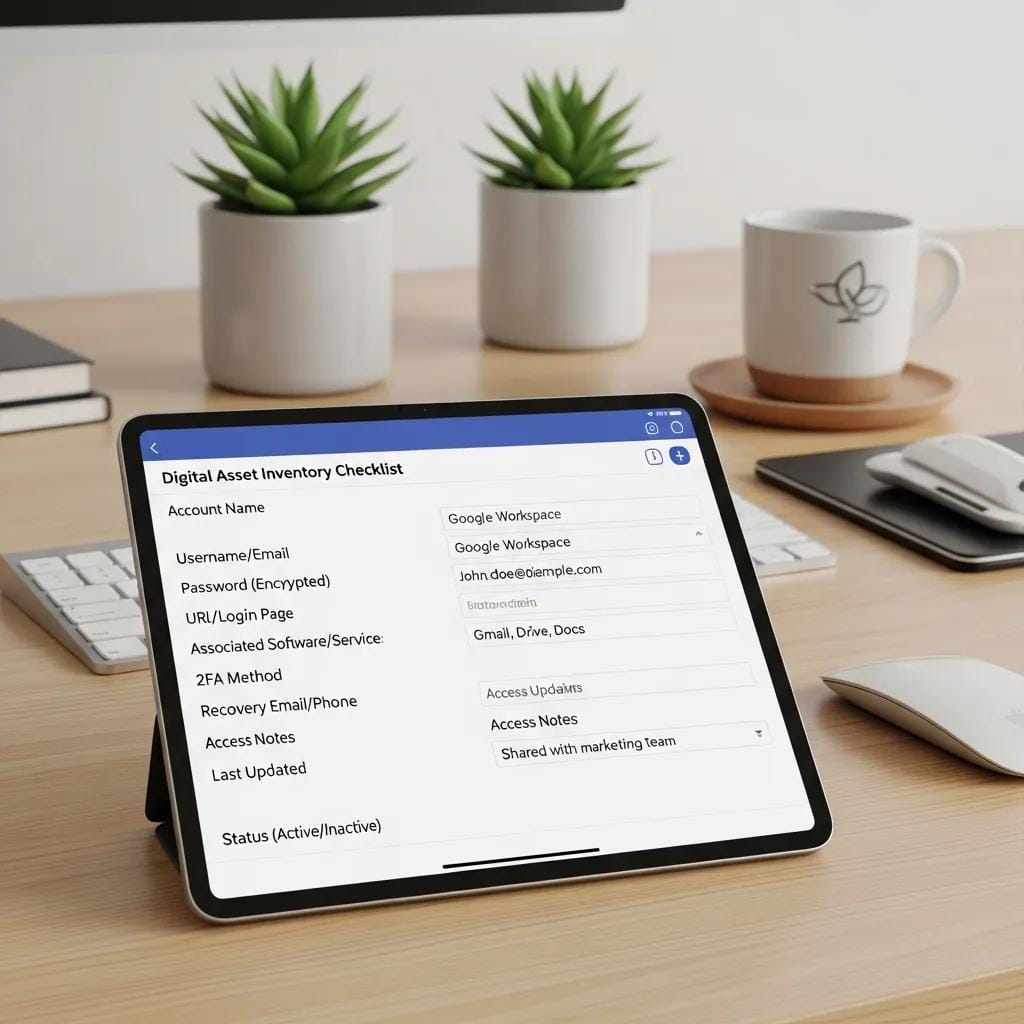 Digital asset inventory checklist on a tablet in a modern workspace