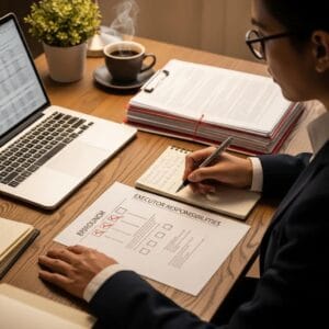 Executor reviewing responsibilities and documents at a desk