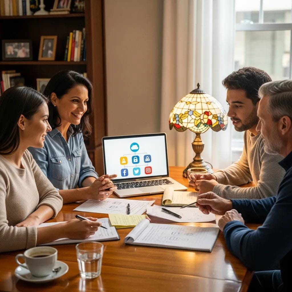 Family discussing digital estate planning with a laptop and notes on the table