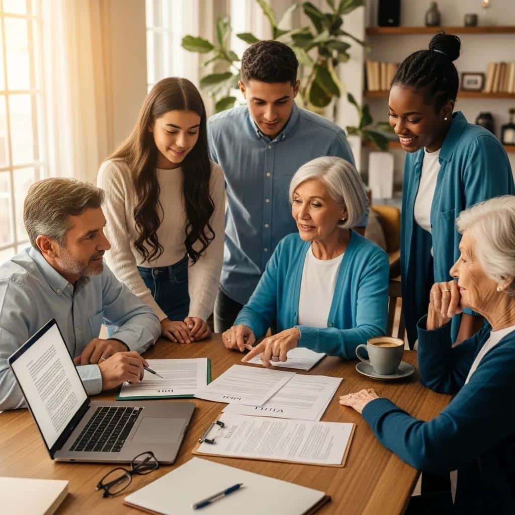 Family discussing estate planning documents around a table, emphasizing collaboration and thoughtful decision-making