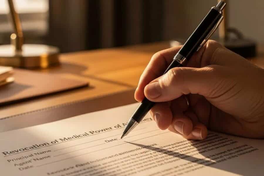 Hand holding a pen over a document for revoking medical power of attorney