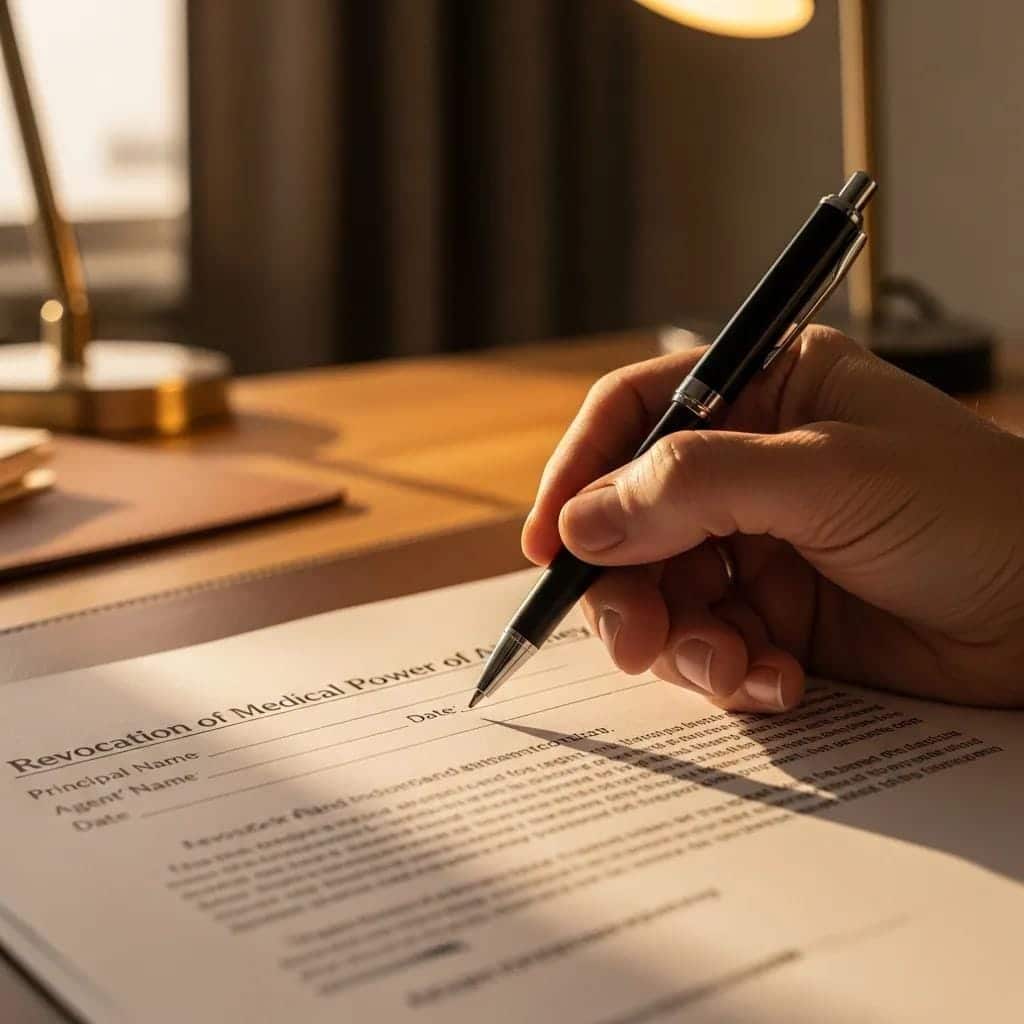 Hand holding a pen over a document for revoking medical power of attorney