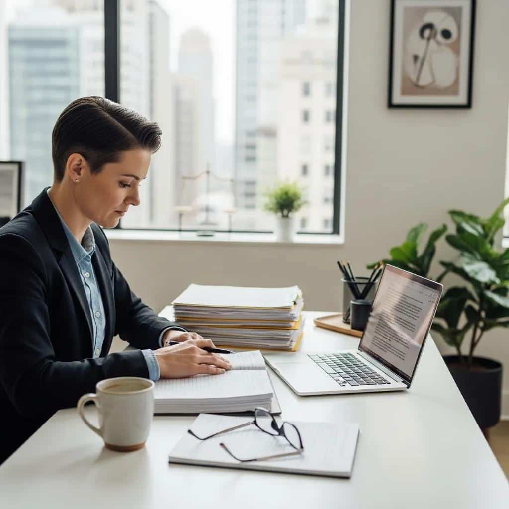 Individual reviewing legal documents in a modern office, representing the benefits and limitations of simplified probate