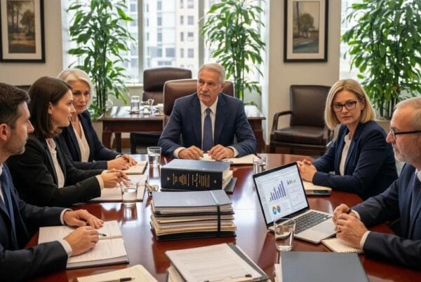 Trustees discussing trust administration in a professional office setting