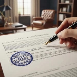 Close-up of a legal document being signed, symbolizing will preparation in estate planning