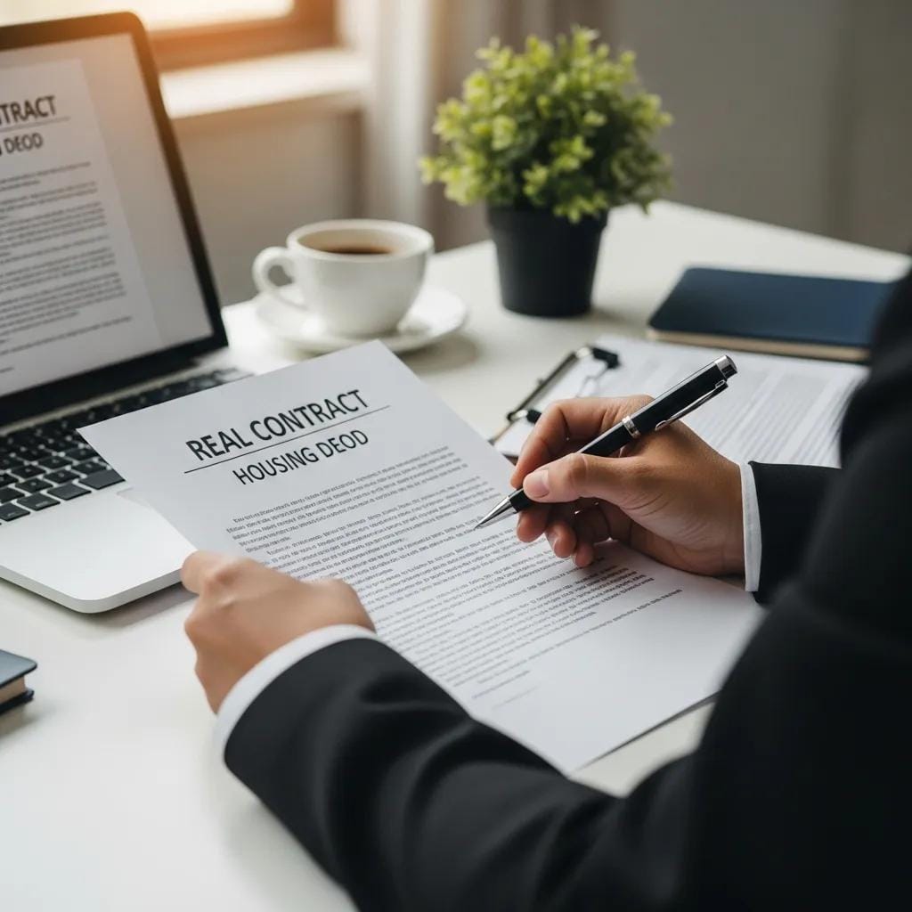 Close-up of a person reviewing a real estate contract at a desk with a laptop and coffee