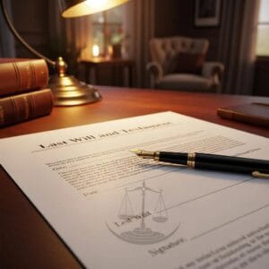 Close-up of a will document and pen in a cozy home office setting