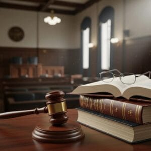 Courtroom setting with a judge's gavel and legal books, symbolizing the probate process in Joliet, IL