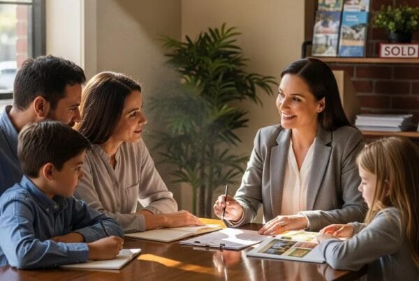 Diverse group discussing real estate in a cozy office, emphasizing trust and professionalism