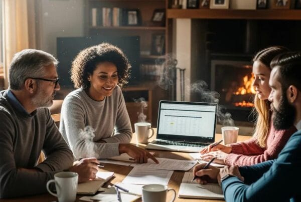 Family discussing estate planning documents in a warm, inviting setting