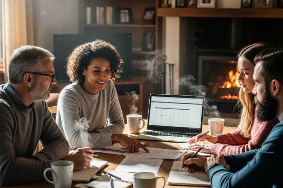 Family discussing estate planning documents in a warm, inviting setting
