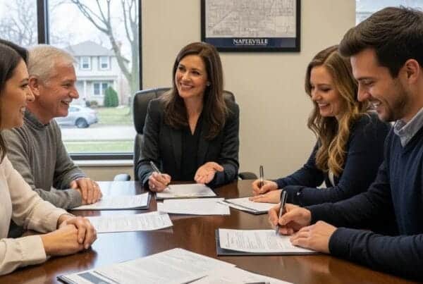 Home closing process in Naperville with buyers and sellers signing documents