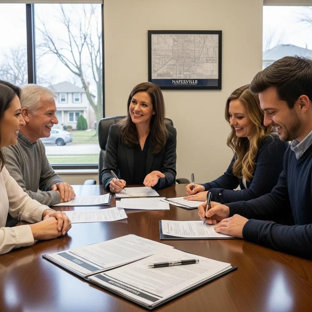 Home closing process in Naperville with buyers and sellers signing documents