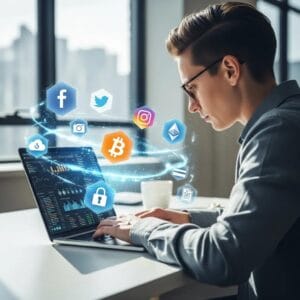 Person managing digital assets on a laptop with various digital asset icons