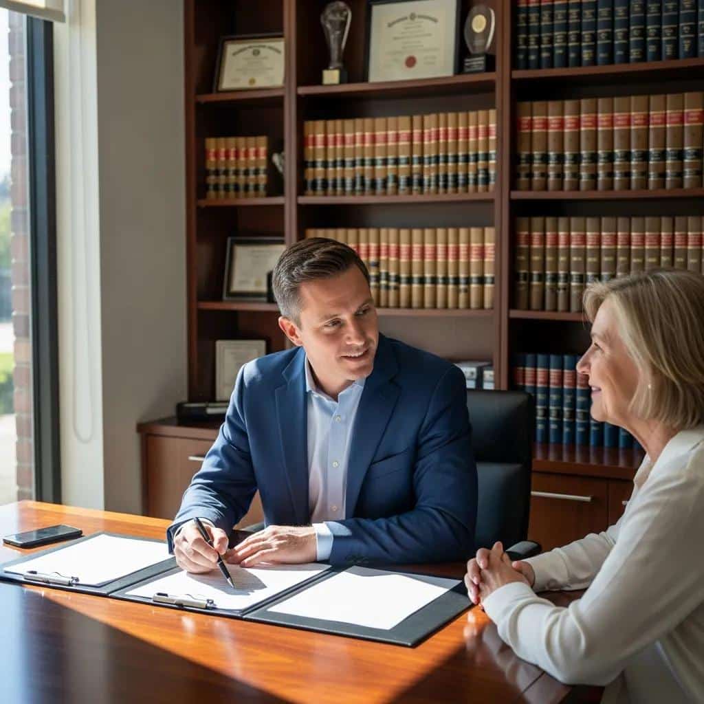 Probate lawyer reviewing documents with a client in a modern office