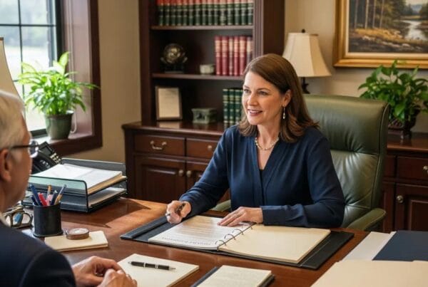 Professional estate planner discussing estate planning services with a client in a warm office setting