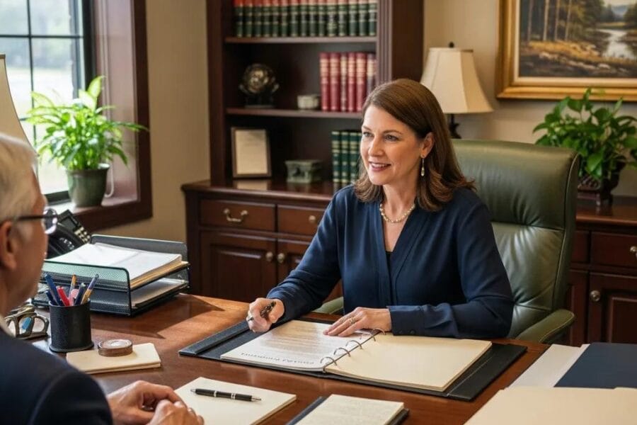 Professional estate planner discussing estate planning services with a client in a warm office setting