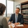 Professional estate planning attorney consulting with a client in a warm office setting