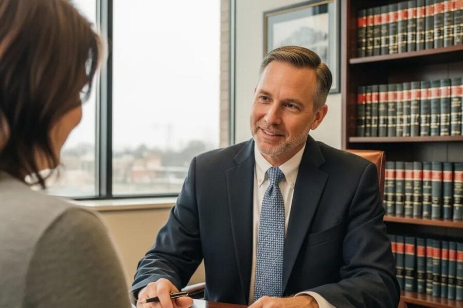 Professional estate planning attorney consulting with a client in a warm office setting