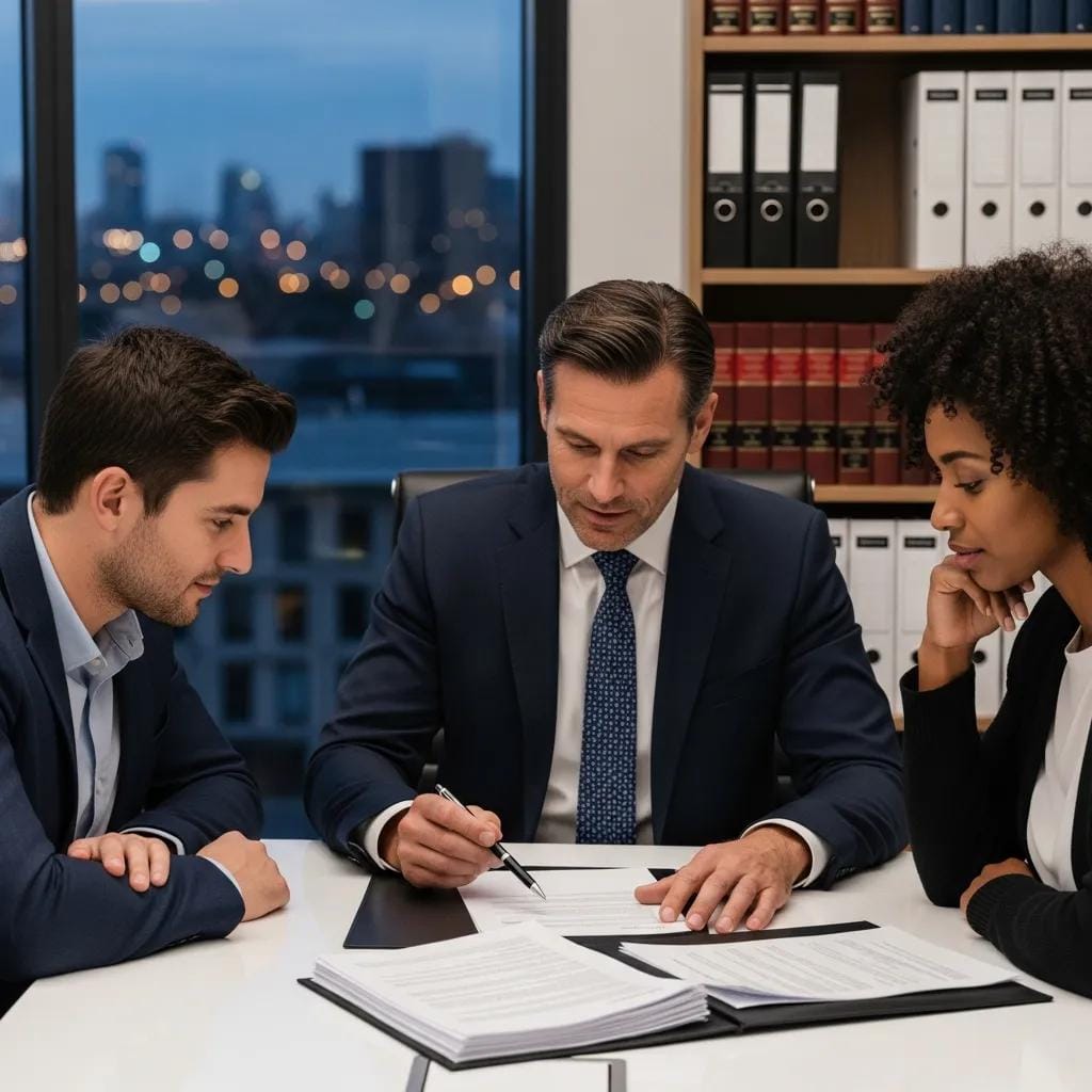 Real estate closing lawyer assisting a couple with documents in a modern office