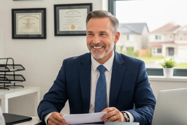 Residential real estate lawyer consulting with clients in a professional office setting