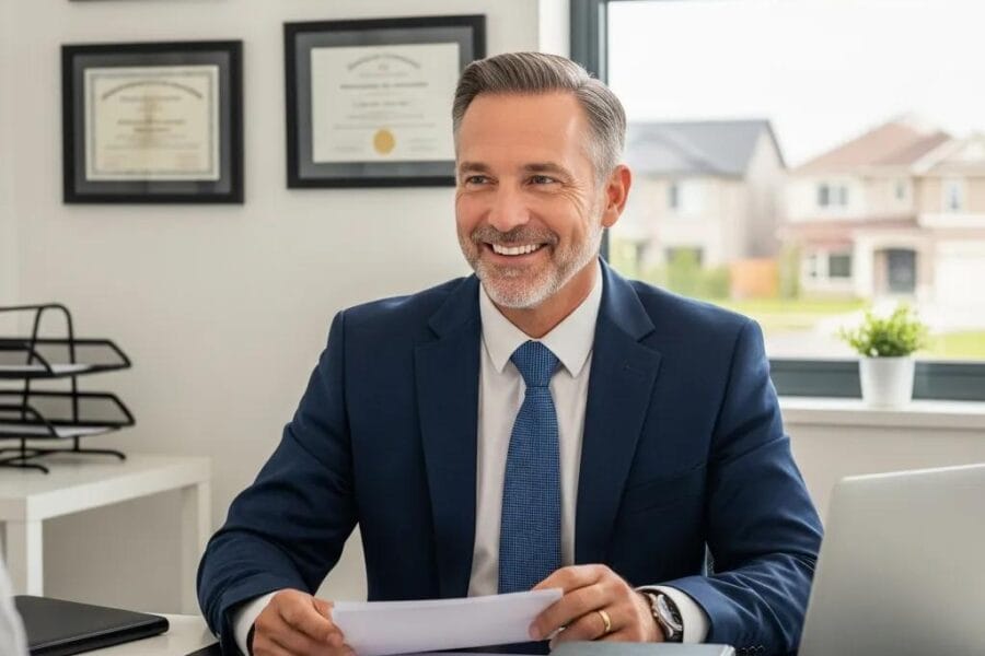 Residential real estate lawyer consulting with clients in a professional office setting