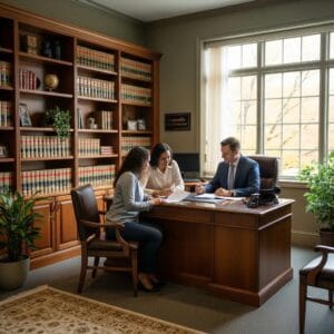 Residential real estate lawyer office in Naperville with a lawyer consulting a couple