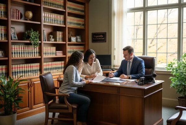 Residential real estate lawyer office in Naperville with a lawyer consulting a couple