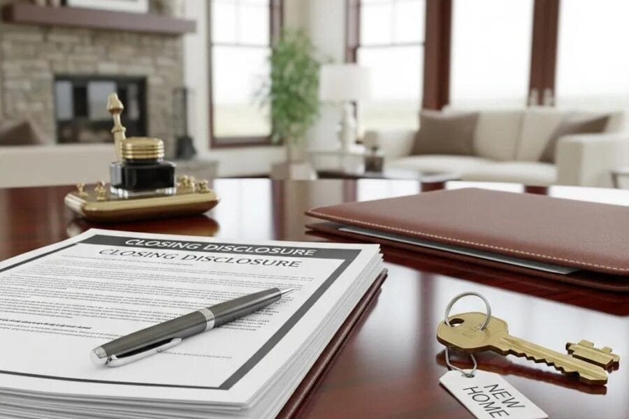 Close-up of real estate closing documents and house key on a table