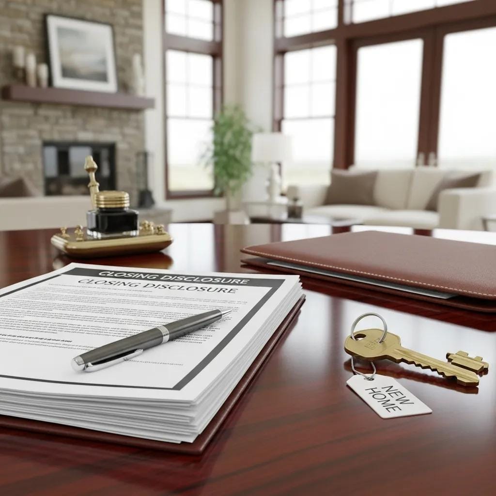 Close-up of real estate closing documents and house key on a table