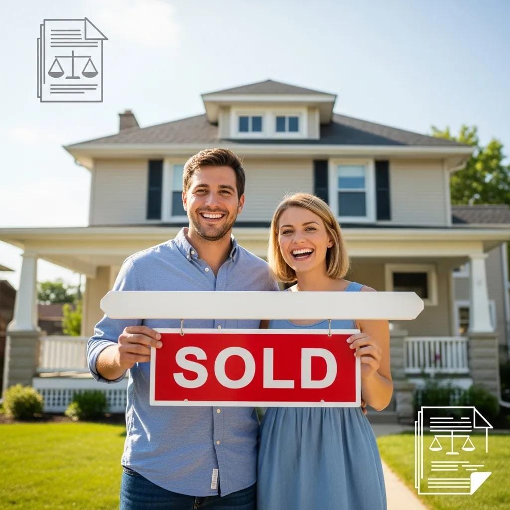 First-time home buyers celebrating in front of their new home in Joliet