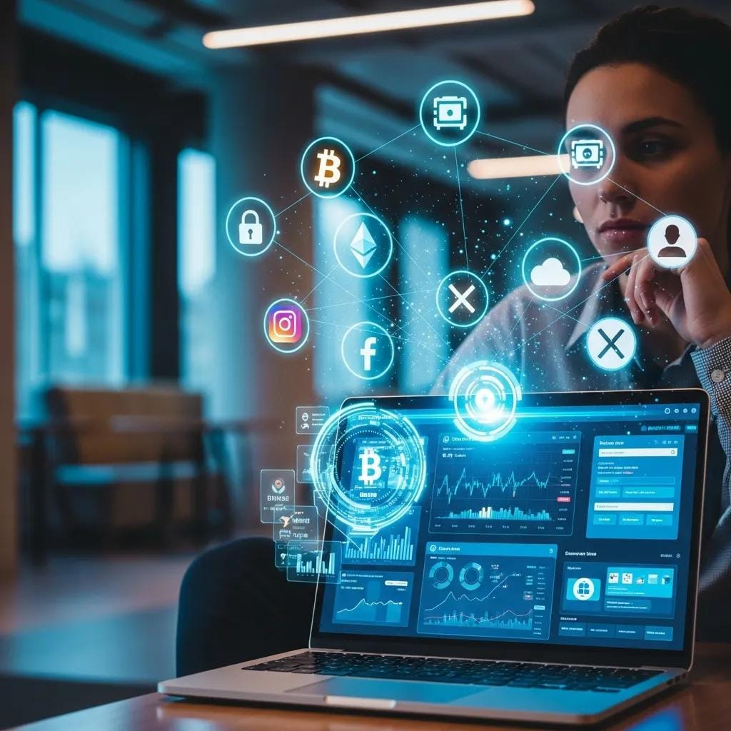 Person managing digital assets on a laptop with digital icons